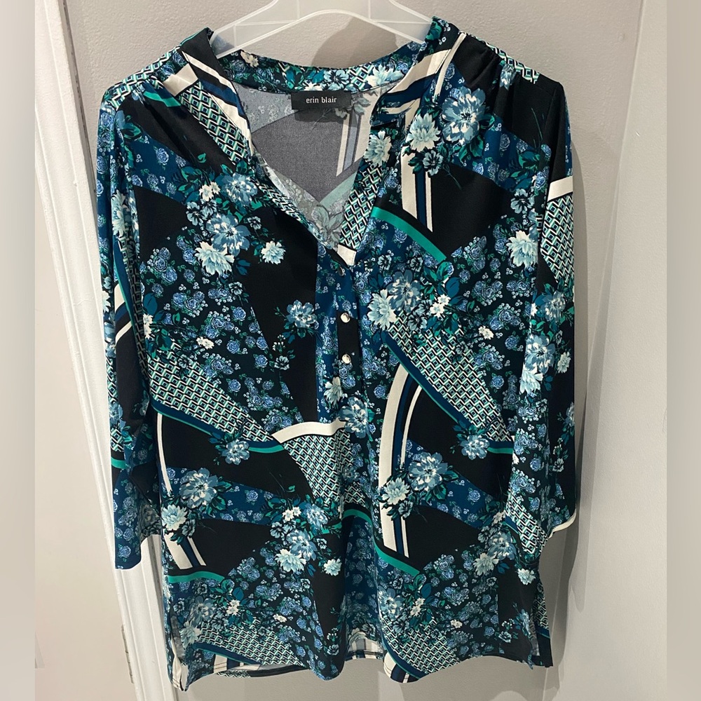 🔴 Turquoise And Blue Floral Women's Blouse By Erin Blair